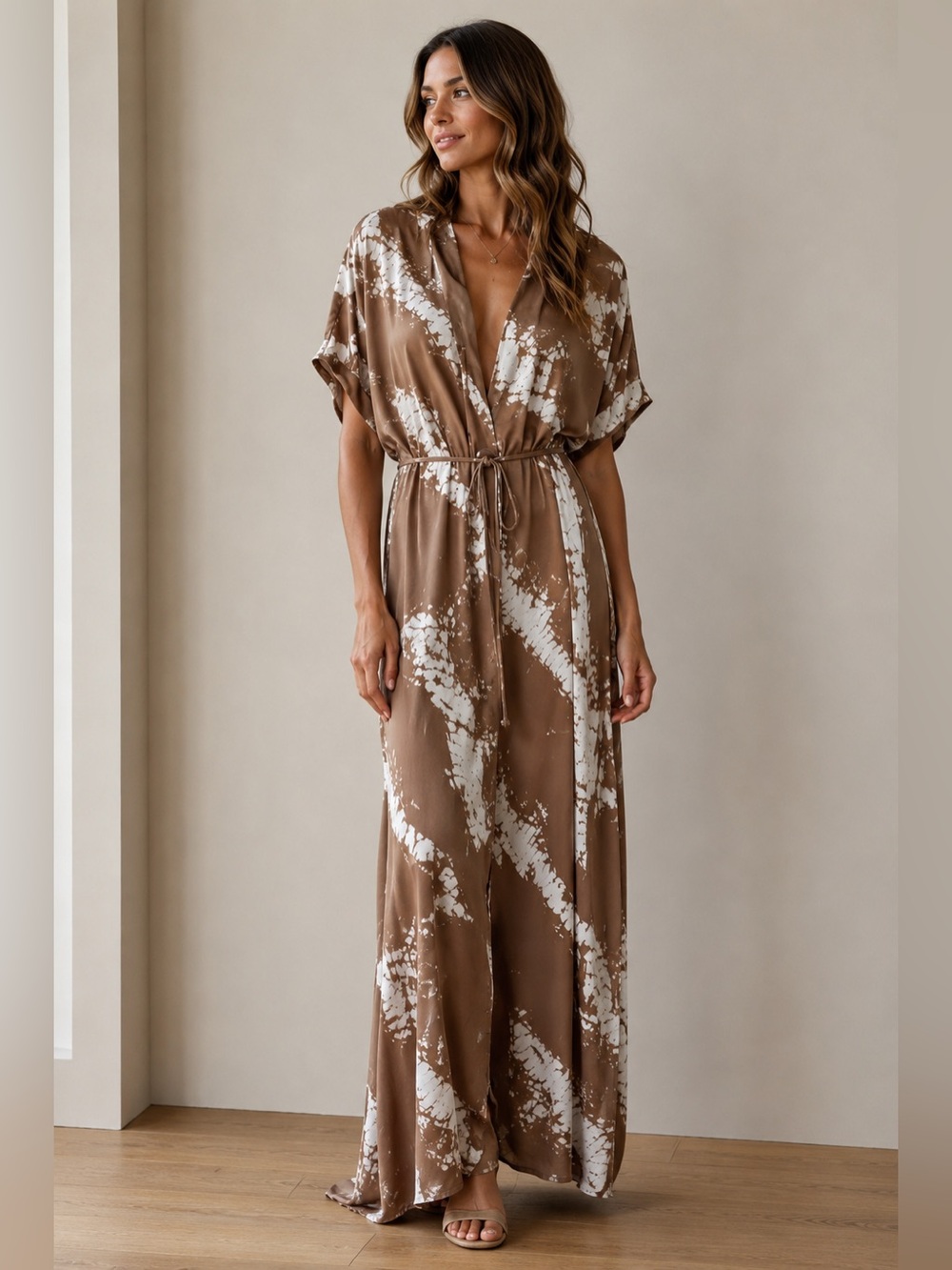 Elegant Brown and White Maxi Dress